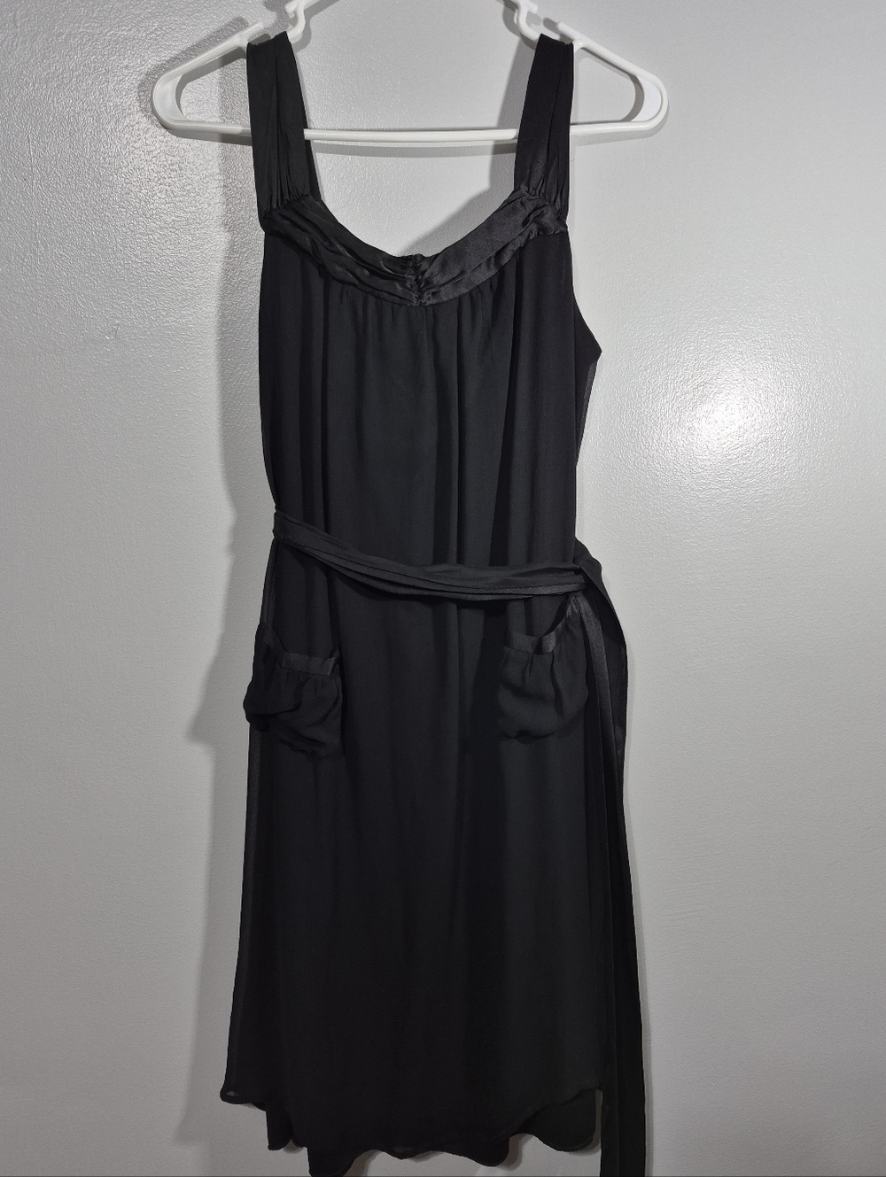 jonathan martin Silk Black Sleeveless Midi Dress Belt Pockets Sheer Size 10